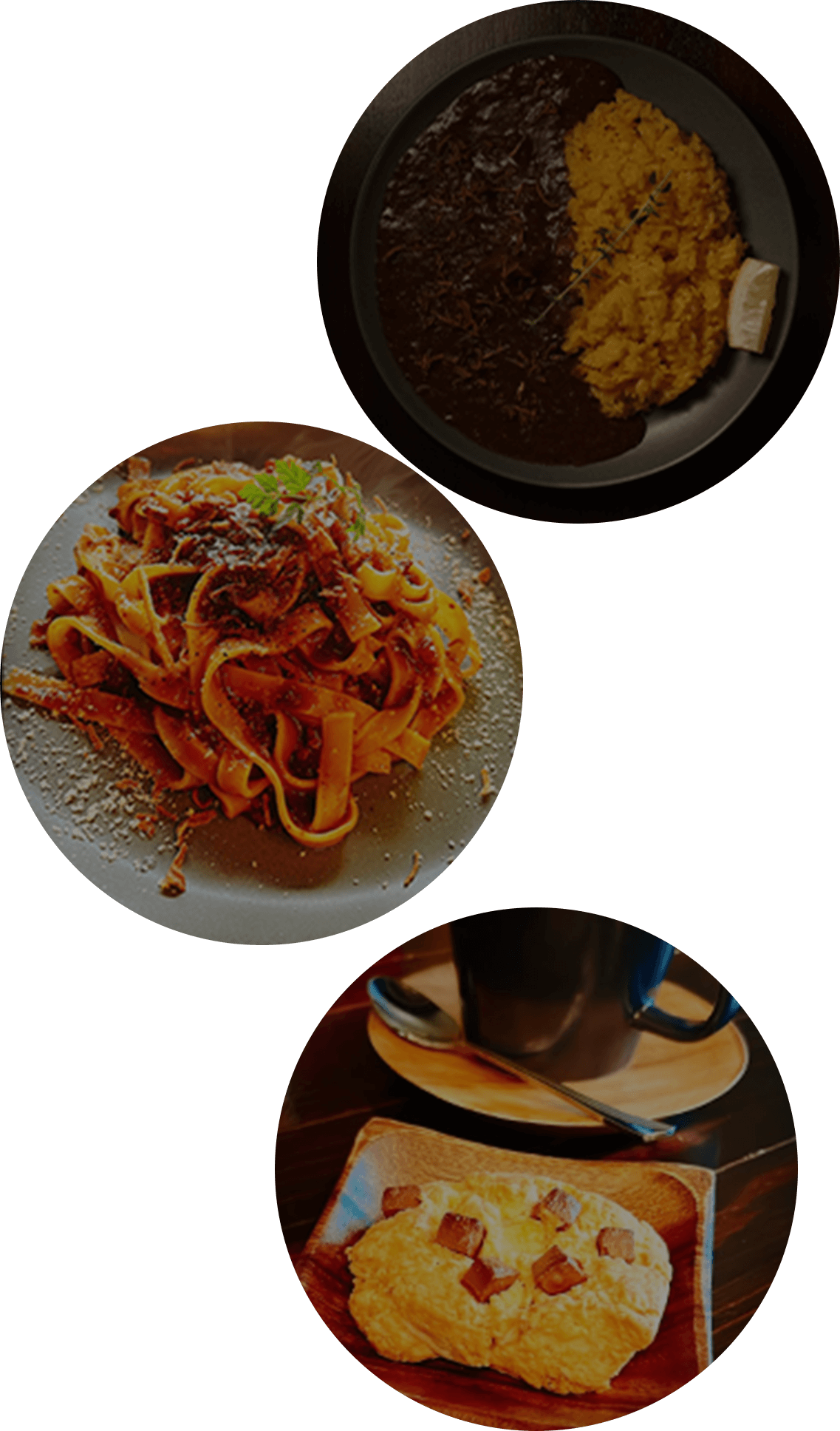 Coffee Bar Cowboysのフード・カフェメニューイメージ：特製カレー、ボロネーゼパスタ、コーヒーとスイーツ